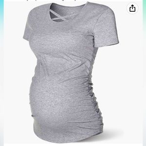 Gray short sleeved maternity t-shirt.